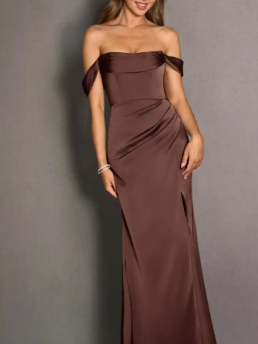 Azazie Off-Shoulder Satin Gown in Chocolate Brown